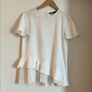 Zara White Asymmetric Ruffle Pleated Sleeve Top